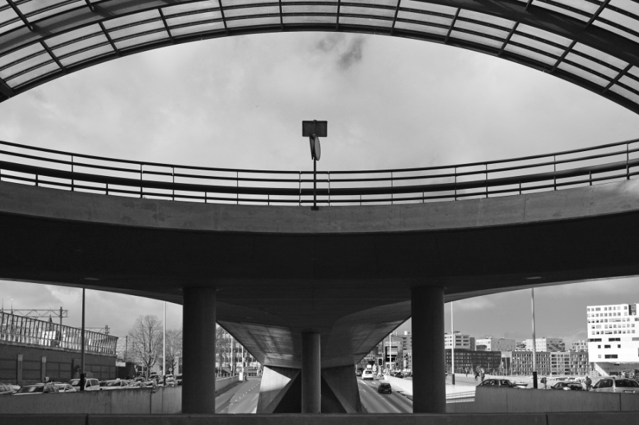 Central station, bus platform in Amsterdam in black and white