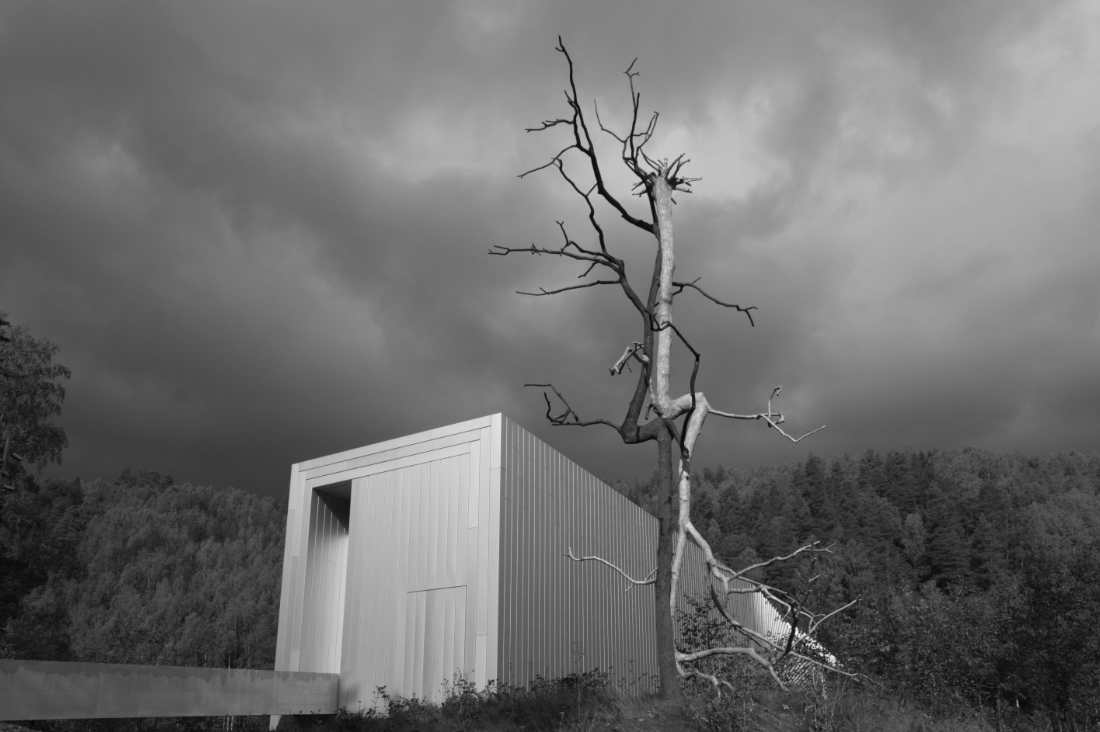 Kistefos museum The Twist and artwork Identity, Oslo, in black and white