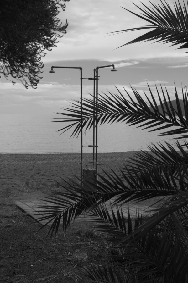 Beach shower, off season in black and white