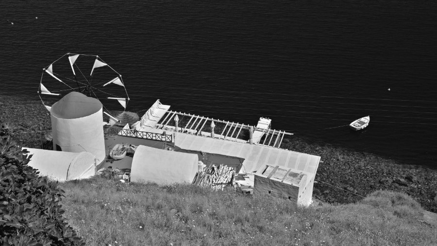 Thirasia, on the volcano rim of Santorini in black and white