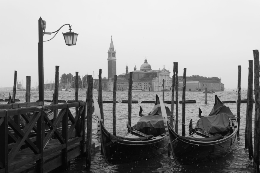 Gondolas opposite San Marco square in black and white