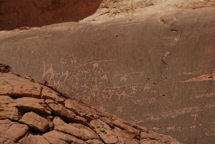 Thamudic and Nabatese petroglyphs (3200 - 2000 years old) in Wadi Rum, Jordan